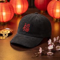 Casquette en velours côtelé noire caractère chinois Fu posée dans une ambiance de Nouvel An chinois avec lanternes rouges