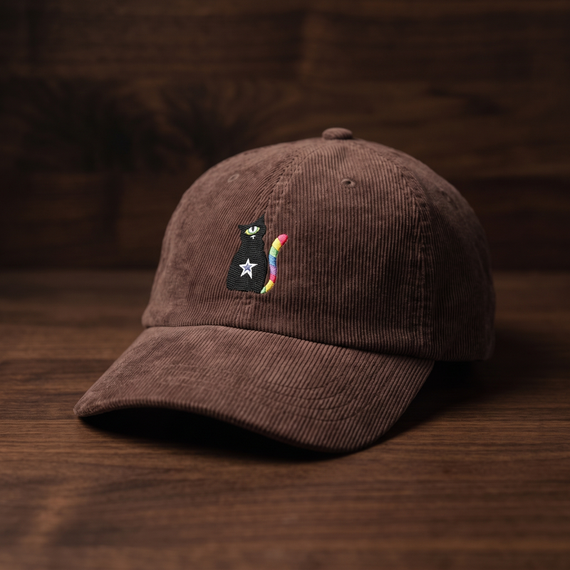 Casquette en velours côtelé marron brodée chat arc-en-ciel, CHT'M Boutique, vue angle léger