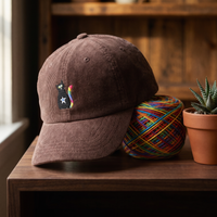 Casquette en velours côtelé marron brodée chat arc-en-ciel, CHT'M Boutique, mise en scène univers cosy