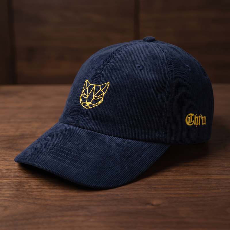 Casquette en velours côtelé CHT'M motif chat géométrique doré, couleur bleu marine, vue de face