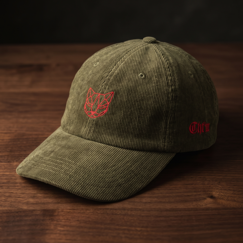 Casquette en velours côtelé olive CHT'M Boutique brodée d'une tête de chat géométrique low-poly rouge côté gauche et du texte Cht'm en police gothique rouge près de la visière, vue de face légèrement angulée