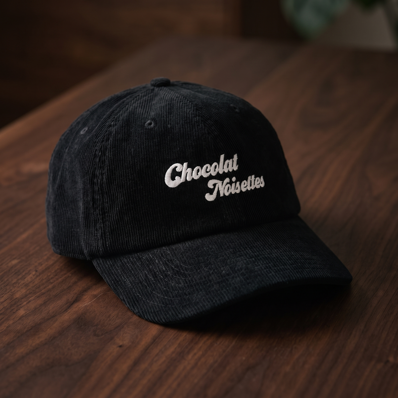 Casquette en velours côtelé noir avec broderie cursive Chocolat Noisettes - vue de face
