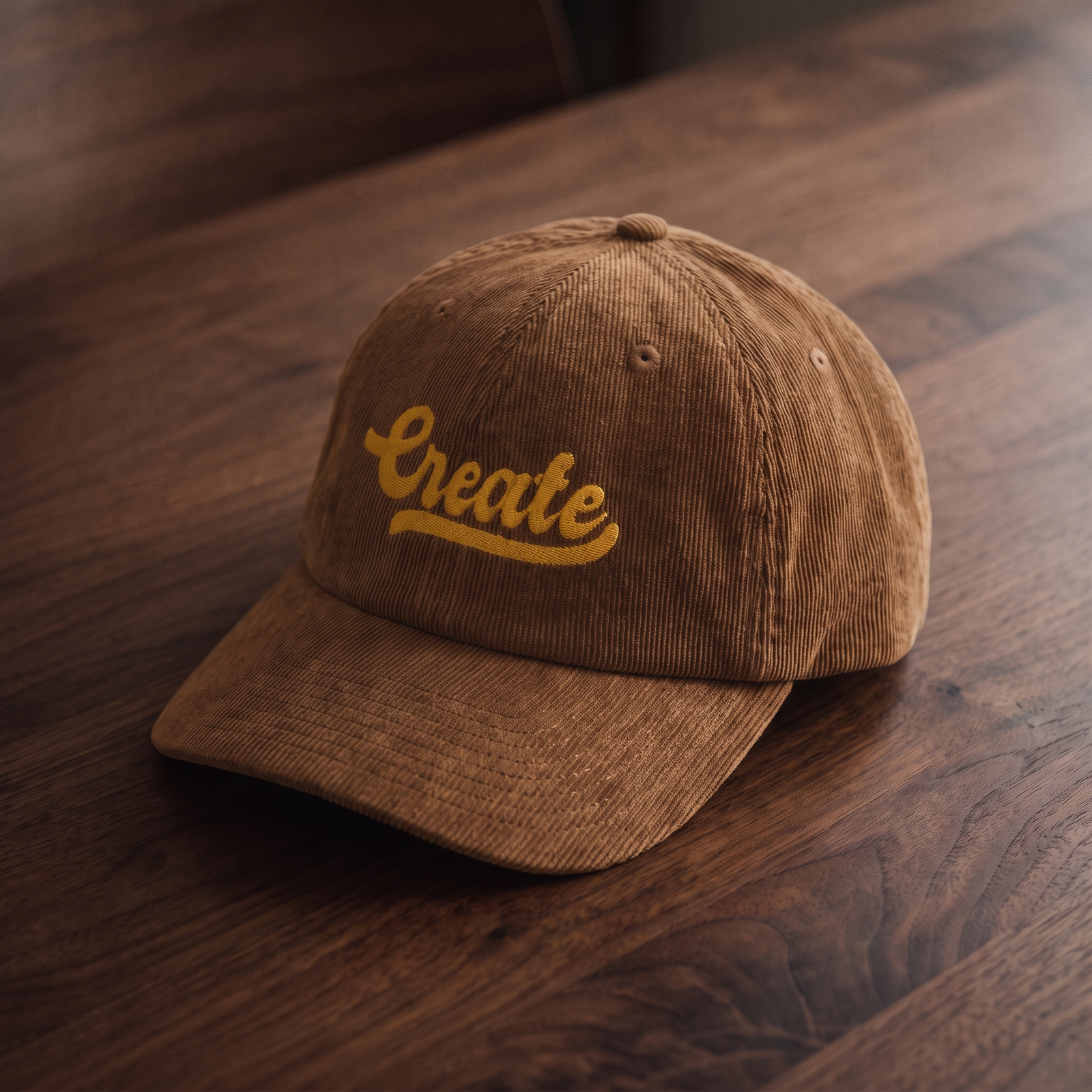 Casquette en velours côtelé brun avec broderie 'Create' dorée, vue trois-quarts sur bois de noyer foncé