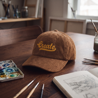 Casquette en velours côtelé brun 'Create' mise en scène dans un atelier d'artiste avec pinceaux et palette de peinture