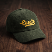 Casquette en velours côtelé vert olive foncé avec broderie 'Create' dorée, vue de face sur bois de noyer foncé