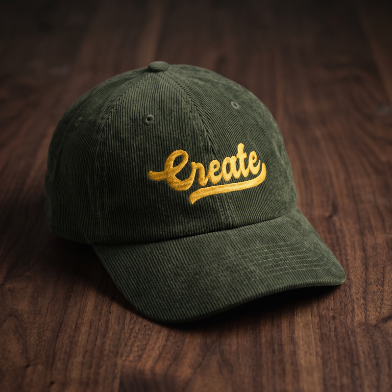 Casquette en velours côtelé vert olive foncé avec broderie 'Create' dorée, vue de face sur bois de noyer foncé