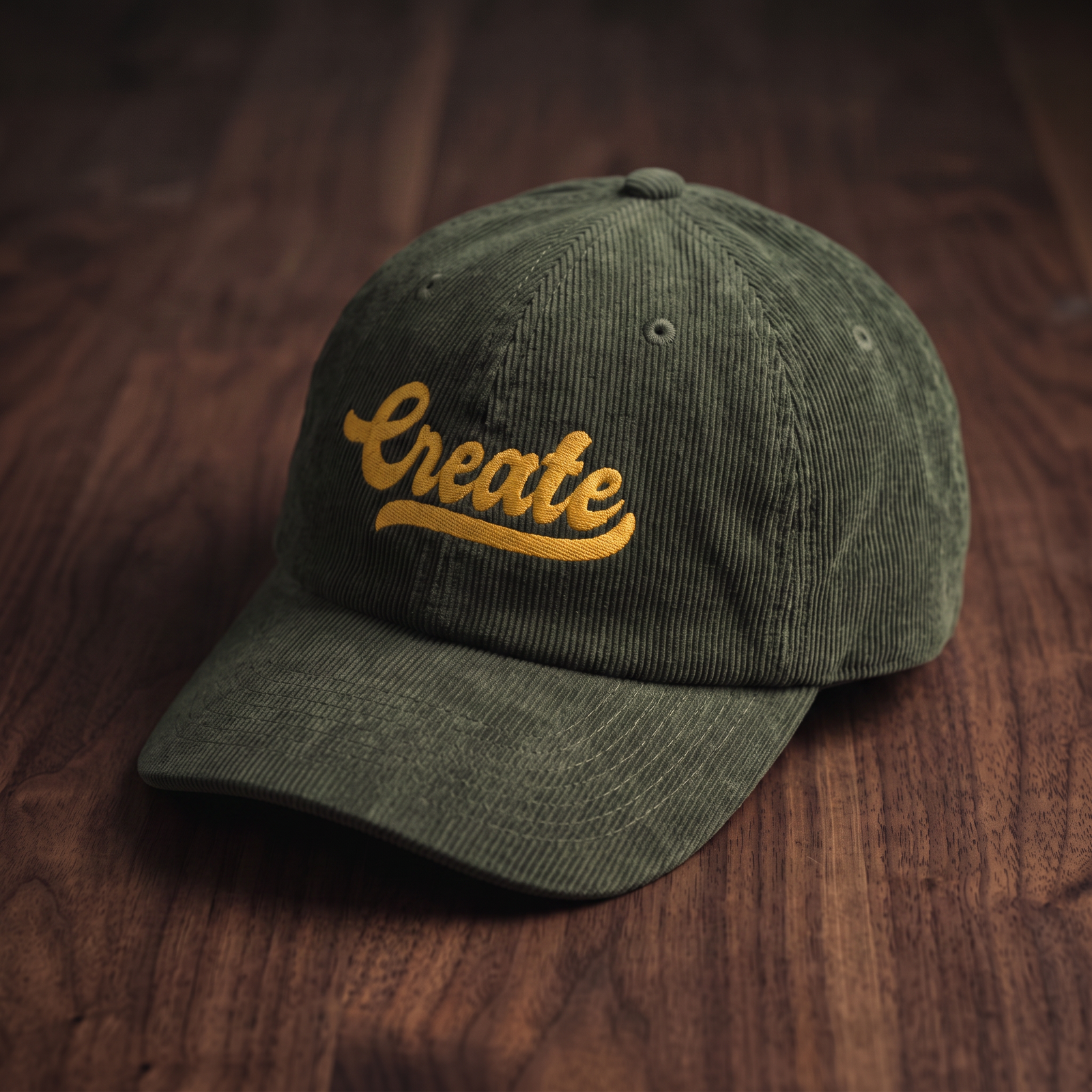 Casquette en velours côtelé vert olive foncé avec broderie 'Create' dorée, vue trois-quarts sur bois de noyer foncé