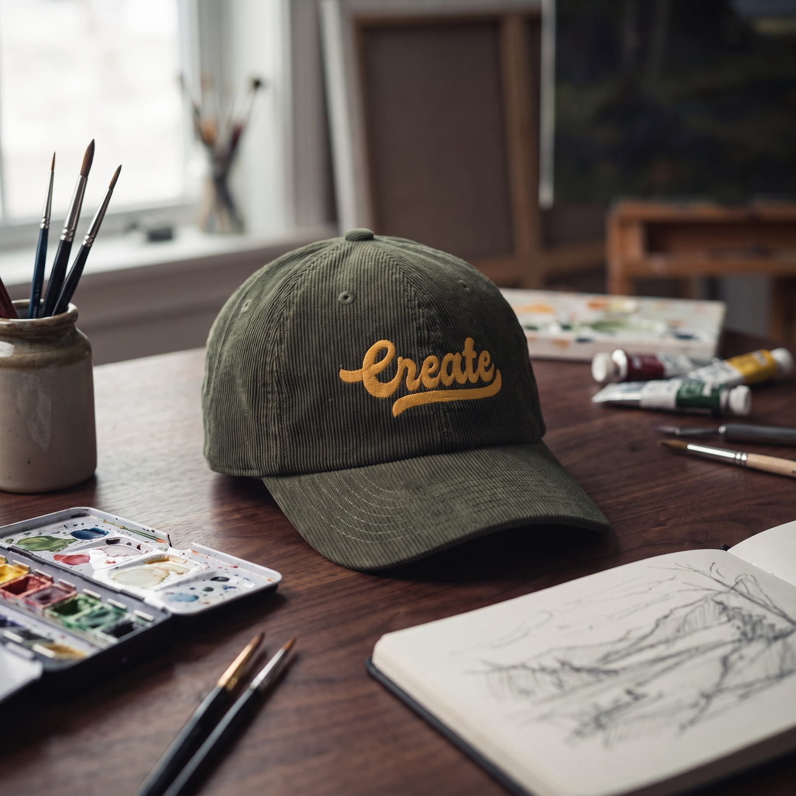 Casquette en velours côtelé vert olive foncé 'Create' mise en scène dans un atelier d'artiste avec pinceaux et palette de peinture