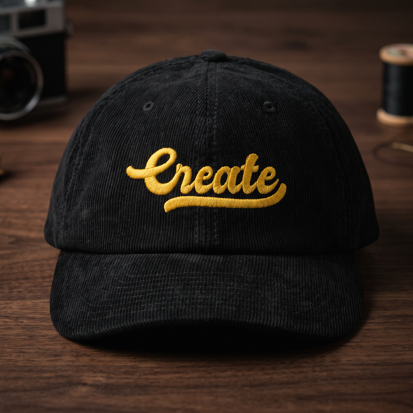 Casquette dad cap en velours côtelé noir CREATE 3D PUFF, broderie cursive dorée avec soulignement fantaisie, vue produit légèrement de biais sur bois de noyer foncé