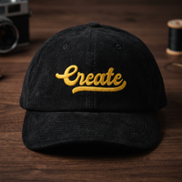 Casquette dad cap en velours côtelé noir CREATE 3D PUFF, broderie cursive dorée avec soulignement fantaisie, vue produit légèrement de biais sur bois de noyer foncé