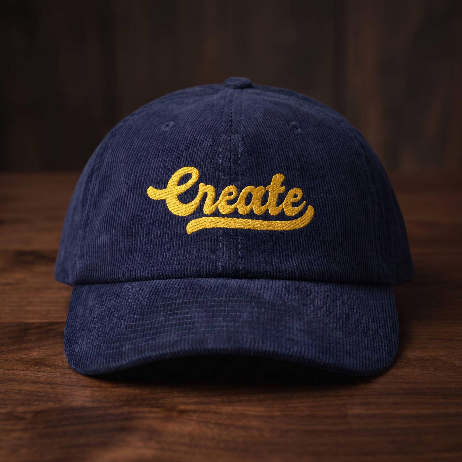 Casquette en velours côtelé bleu marine avec broderie 'Create' dorée, vue de face sur bois de noyer foncé