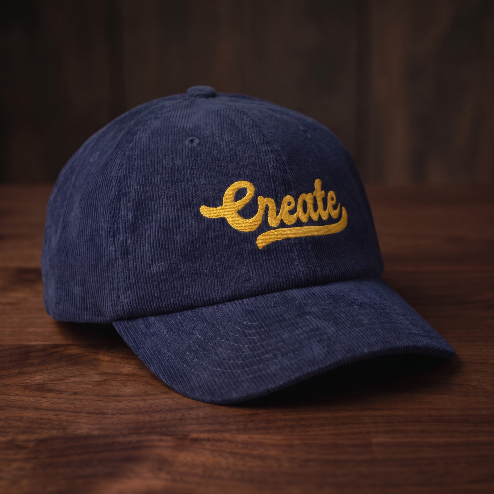 Casquette en velours côtelé bleu marine avec broderie 'Create' dorée, vue trois-quarts sur bois de noyer foncé