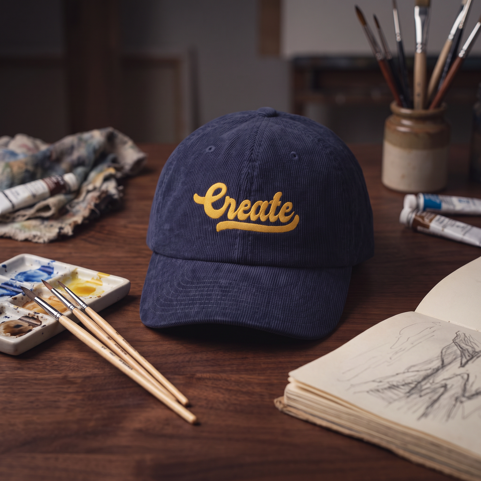 Casquette en velours côtelé bleu marine 'Create' mise en scène dans un atelier d'artiste avec pinceaux et palette de peinture