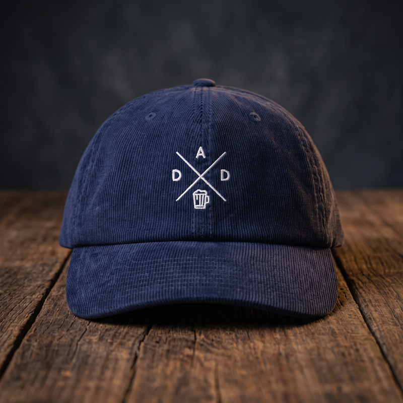 Casquette belge en velours côtelé bleu marine avec logo DAD et chope de bière brodés, posée sur une table en bois sombre, CHT'M Boutique.