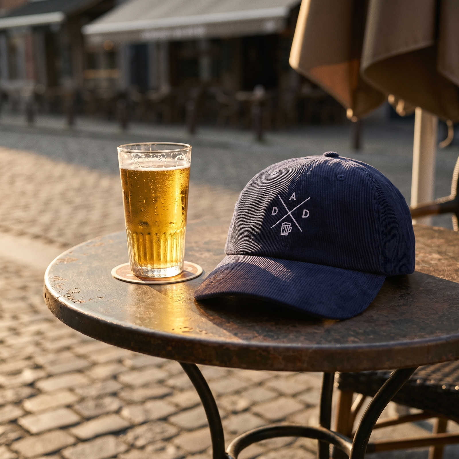 Casquette belge en velours côtelé DAD posée sur une table de terrasse de café belge, à côté d'une bière, lumière dorée de fin de journée, CHT'M Boutique.
