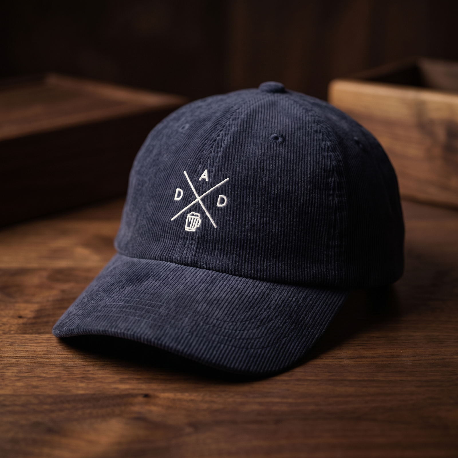 Casquette en velours côtelé bleu marine brodée DAD croix chope de bière, CHT'M Boutique, vue angle léger