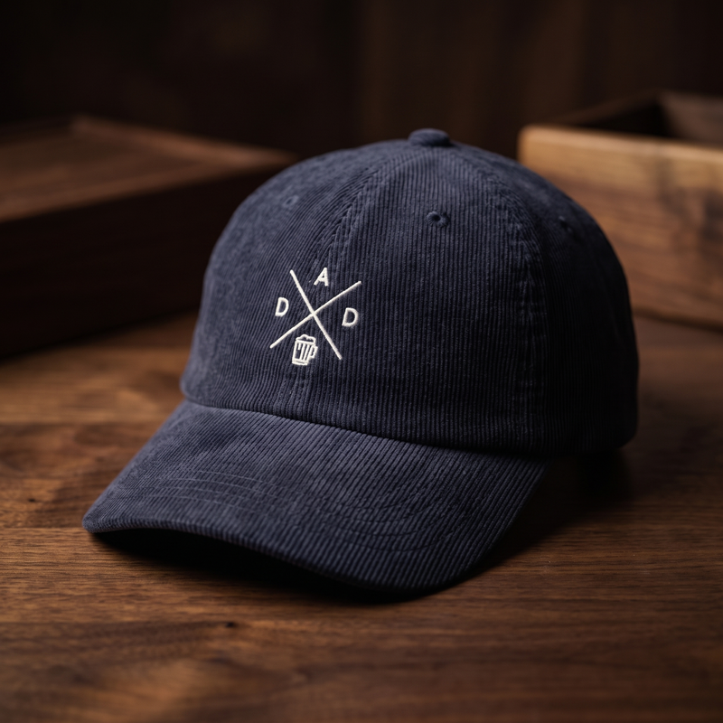 Casquette en velours côtelé bleu marine brodée DAD croix chope de bière, CHT'M Boutique, vue angle léger