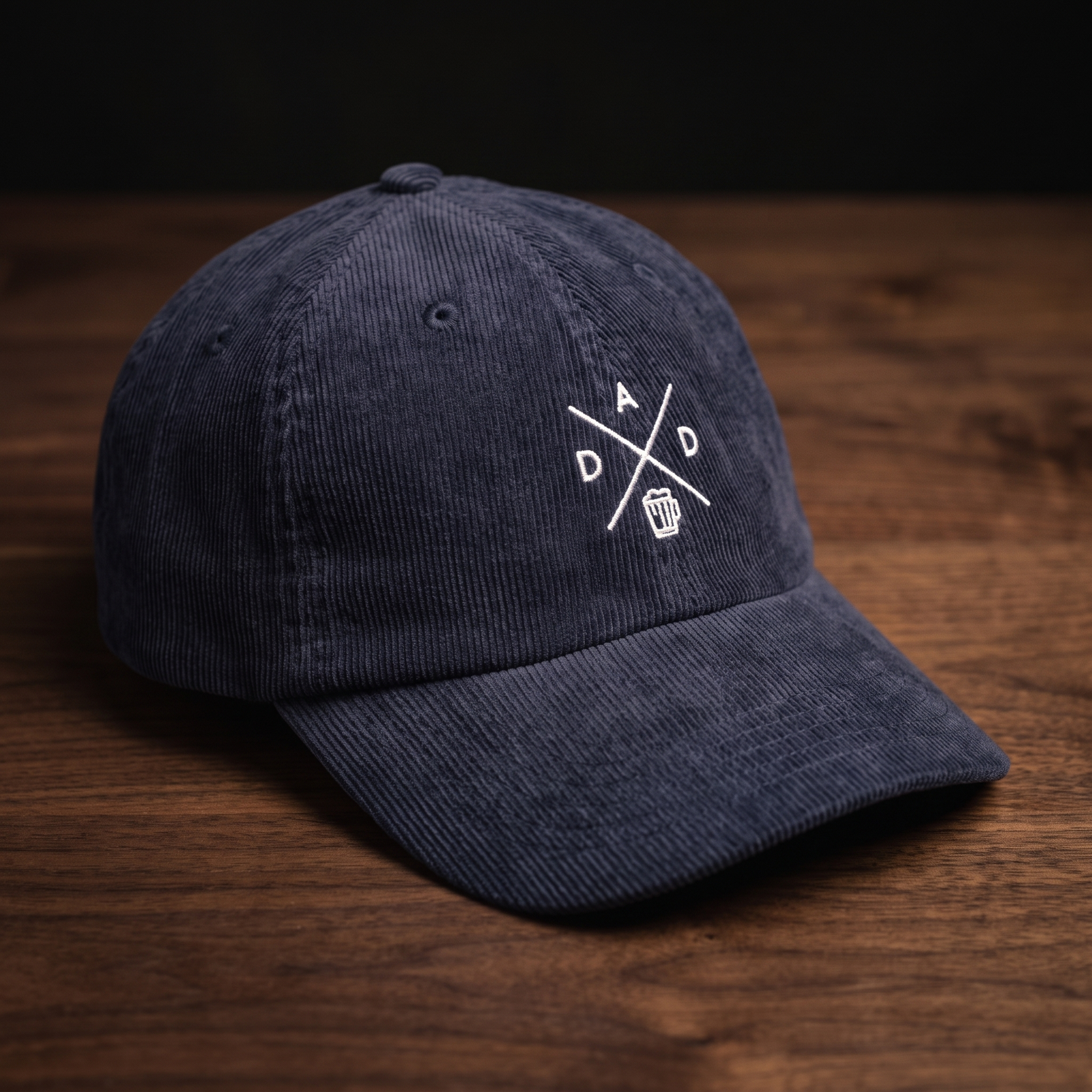 Casquette en velours côtelé bleu marine brodée DAD croix chope de bière, CHT'M Boutique, vue angle prononcé