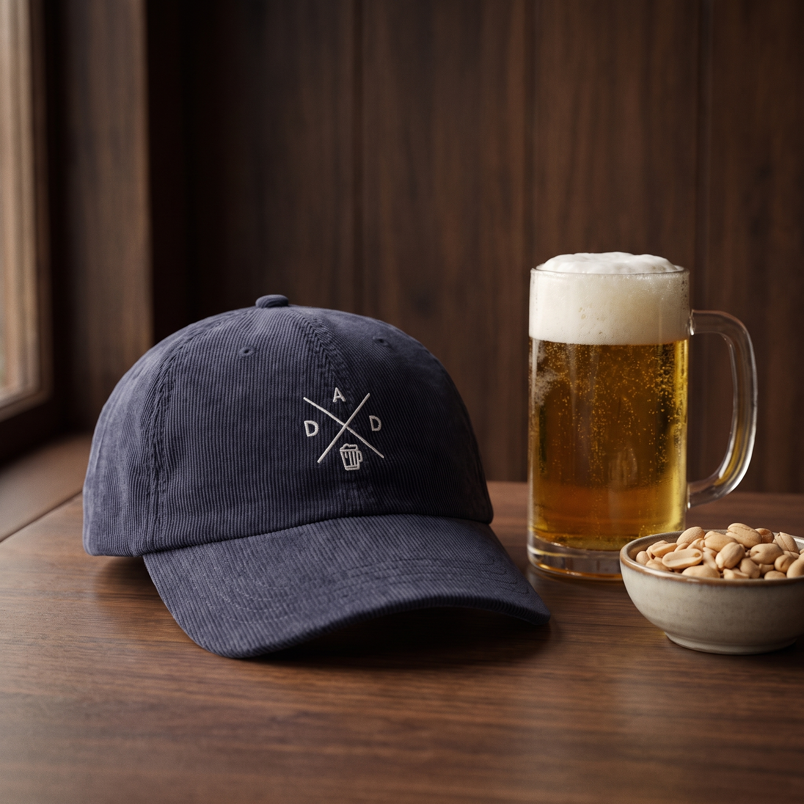 Casquette en velours côtelé bleu marine brodée DAD croix chope de bière, CHT'M Boutique, mise en scène univers bar convivial