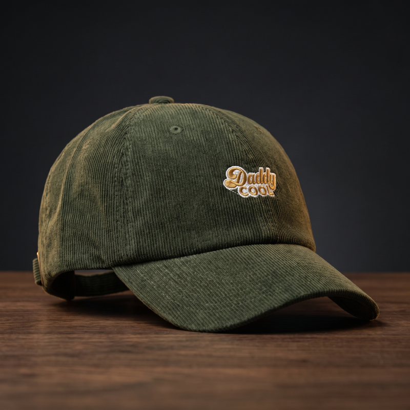 Casquette en velours côtelé olive brodée « Daddy Cool » posée sur bois sombre, CHT'M Boutique.
