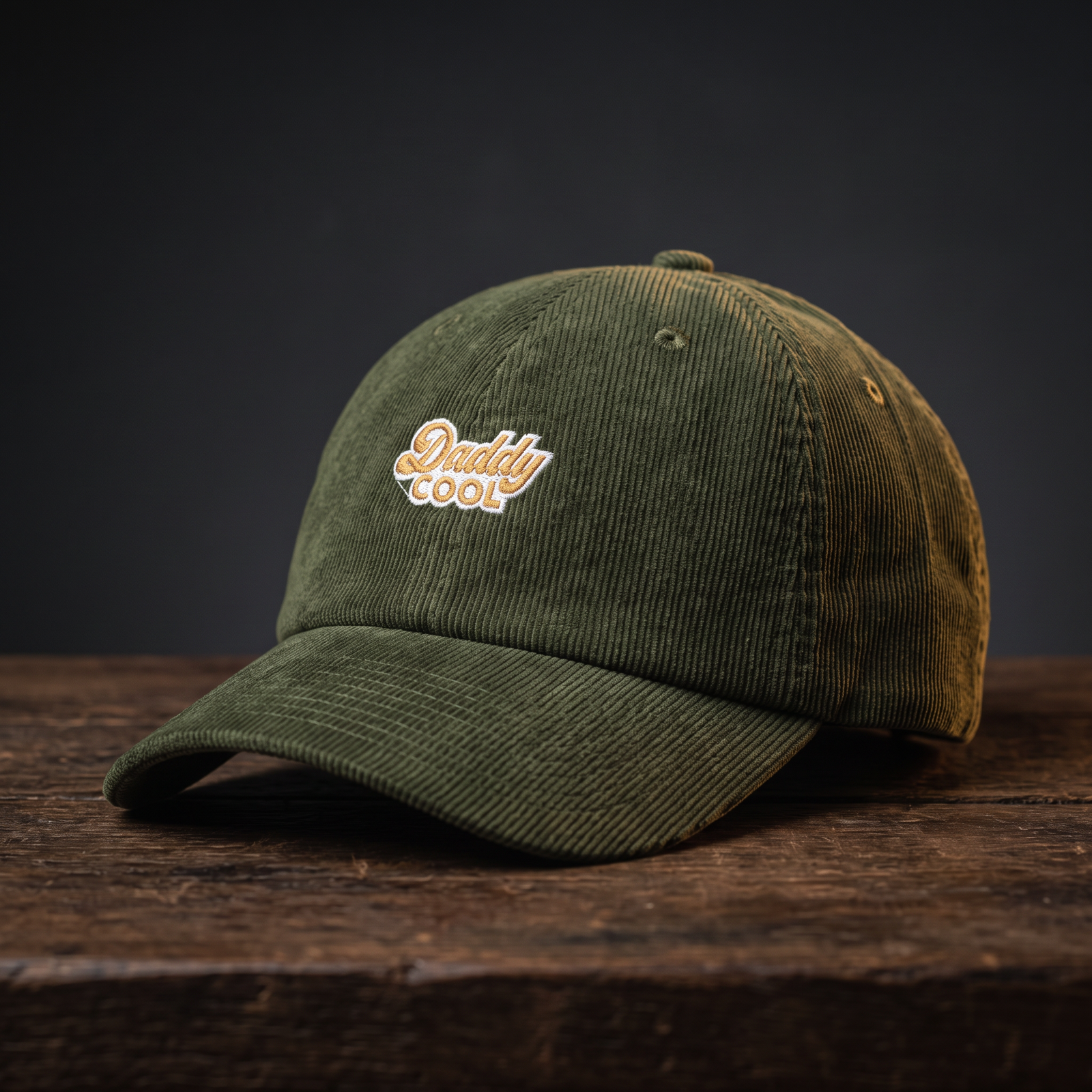 Casquette en velours côtelé olive brodée Daddy Cool, vue trois-quarts profil, CHT'M Boutique.