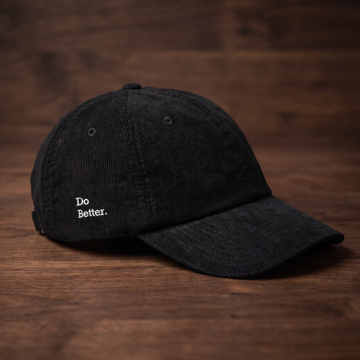 Casquette en velours côtelé noire CHT'M avec broderie "Do Better." sur le panneau latéral, vue de face