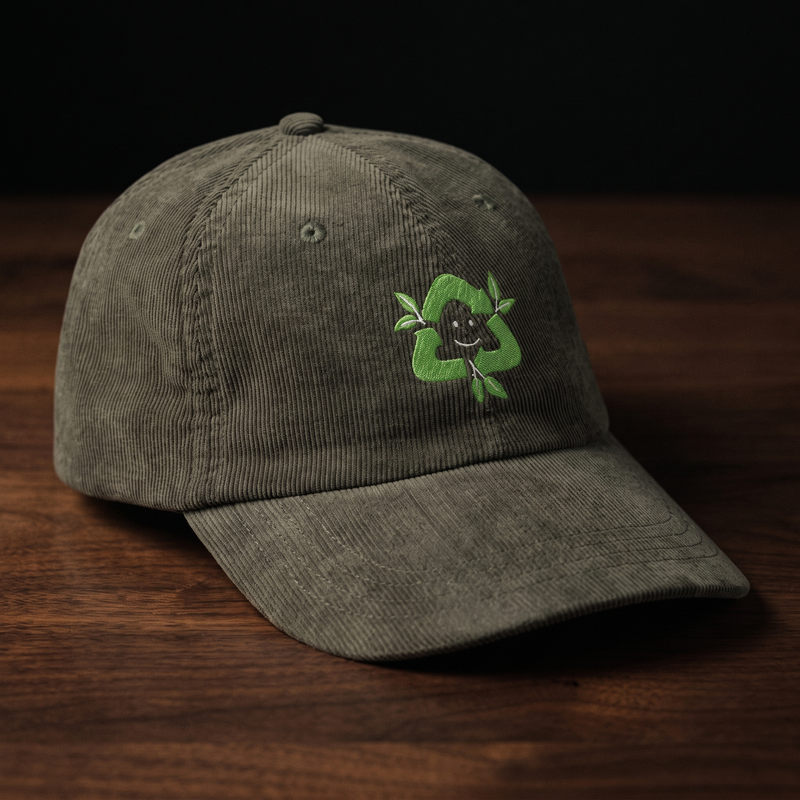Casquette en velours côtelé olive CHT'M Boutique avec broderie écologie recyclage - vue de face angle léger