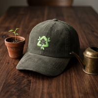 Casquette en velours côtelé olive CHT'M Boutique avec broderie écologie recyclage - mise en scène pot de fleur terre cuite bois noyer foncé