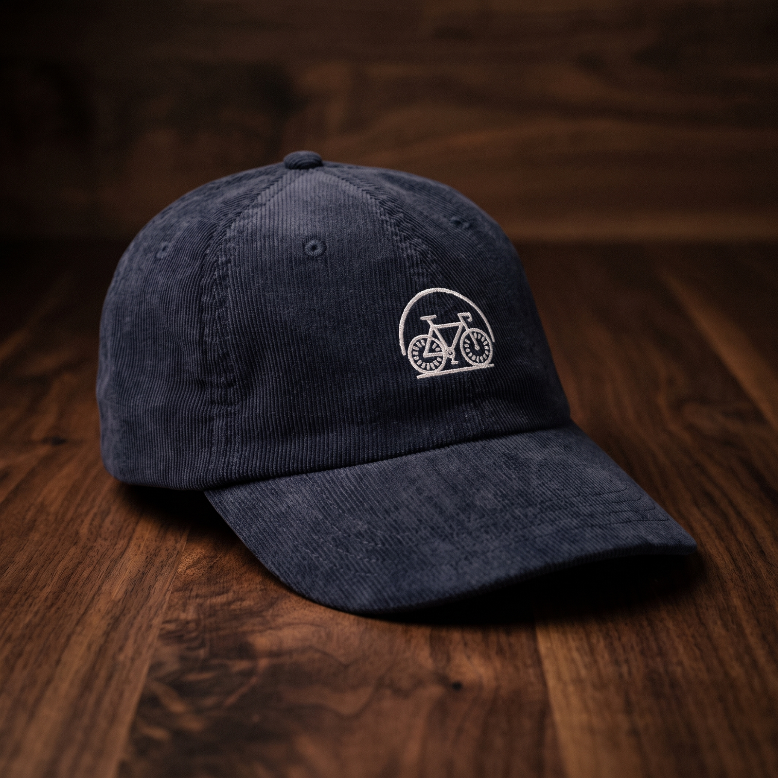 Casquette en velours côtelé bleu marine brodée vélo, CHT'M Boutique, vue prononcée de trois-quarts sur bois de noyer foncé