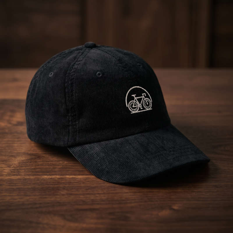 Casquette en velours côtelé noire brodée vélo, CHT'M Boutique, vue prononcée de trois-quarts sur bois de noyer foncé