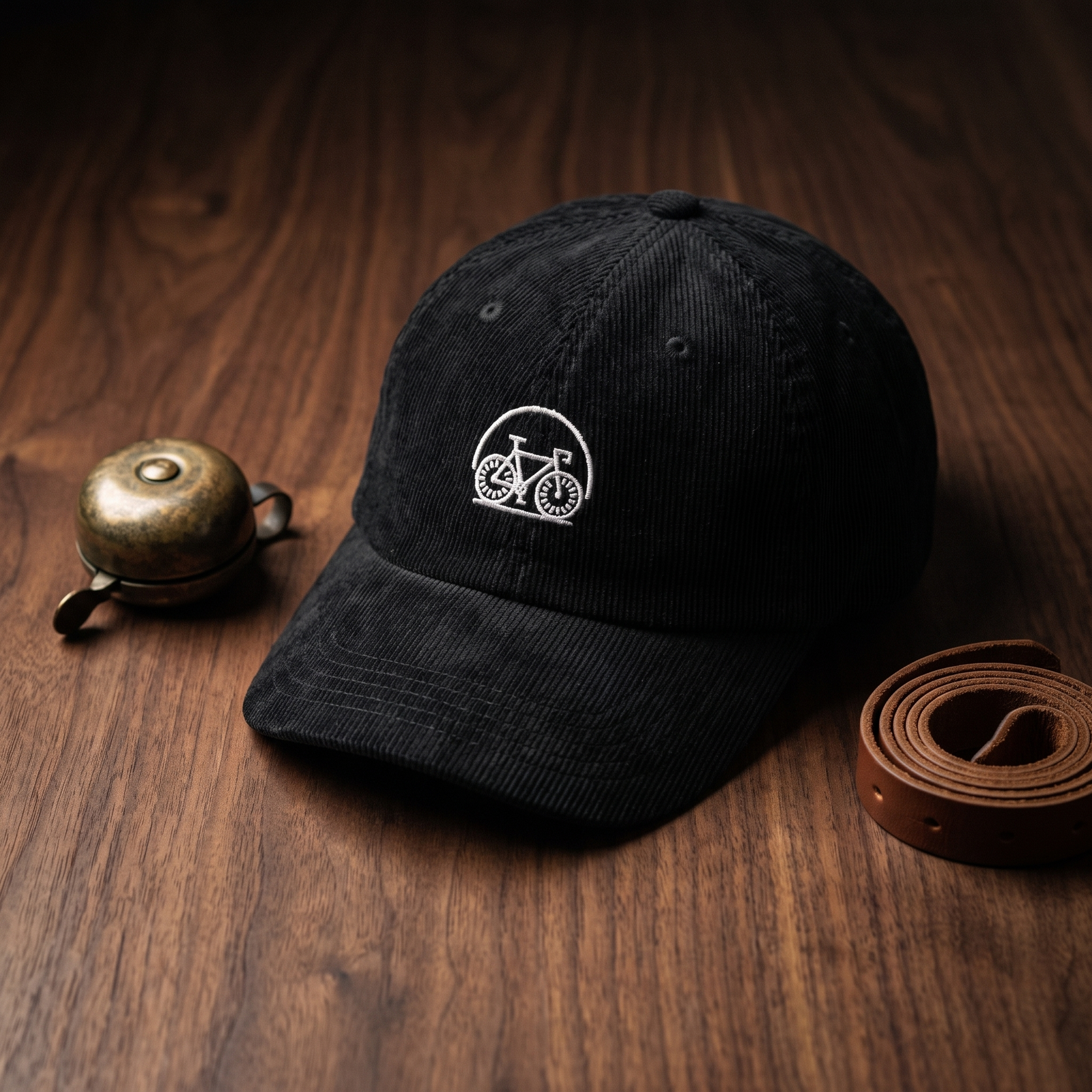 Casquette en velours côtelé noire brodée vélo, CHT'M Boutique, mise en scène cloche de vélo et lanière en cuir sur bois de noyer foncé