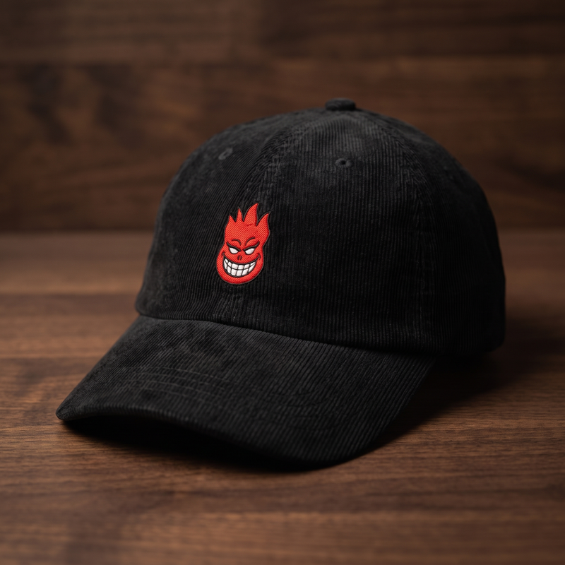 Casquette en velours côtelé noire brodée tête de mort flamboyante rouge, CHT'M Boutique, mise en scène univers rock vintage