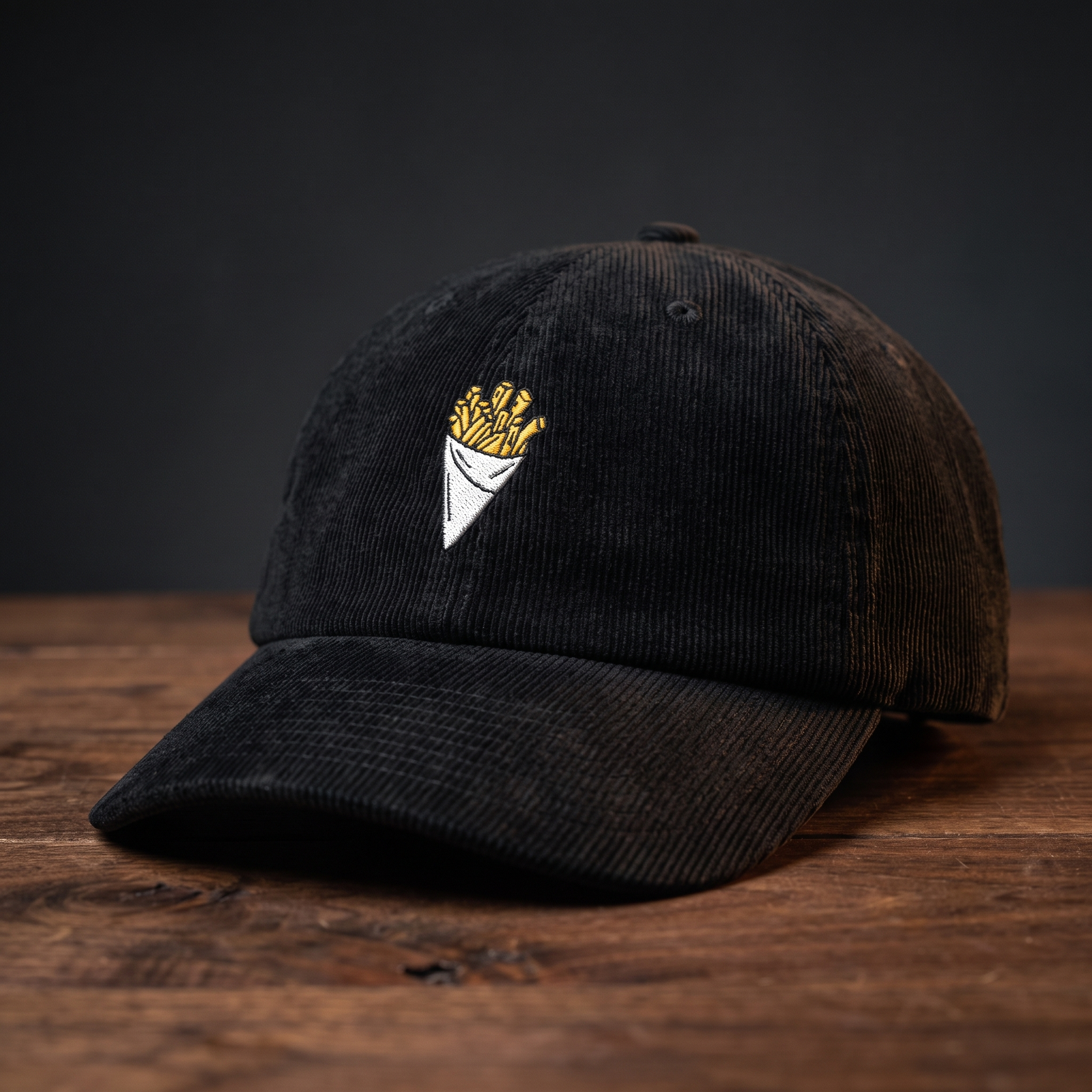 Casquette belge en velours côtelé noire brodée frites, vue de profil
