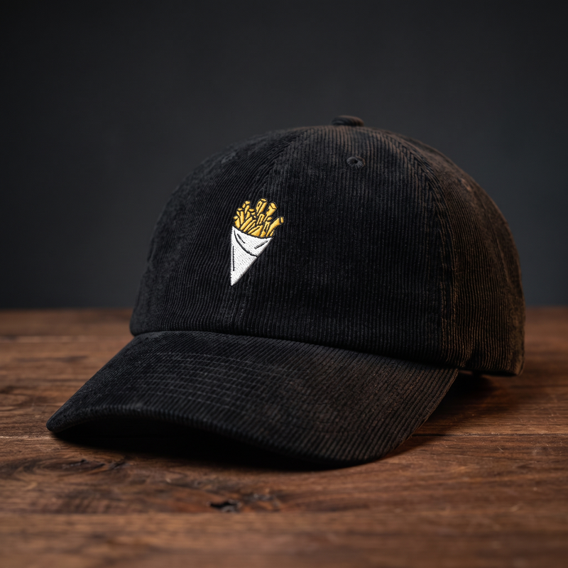 Casquette belge en velours côtelé noire brodée frites, vue de profil