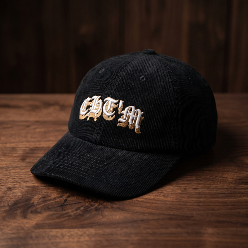 Casquette en velours côtelé noire CHT'M brodée du motif gothique « CHT'M » en lettrage blackletter blanc et or, présentée sur fond bois noyer foncé