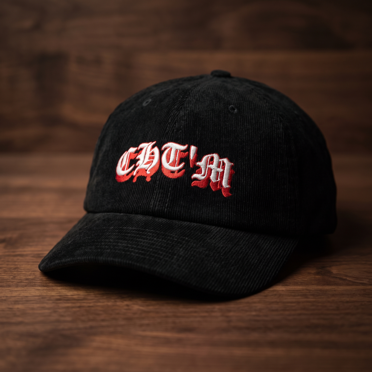 Casquette dad cap en velours côtelé noir CHT'M Gothique Rouge - vue de face angle léger