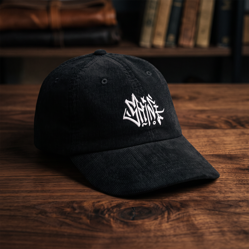 Casquette en velours côtelé noire CHT'M Boutique avec broderie tag graffiti Shine - vue de face angle léger