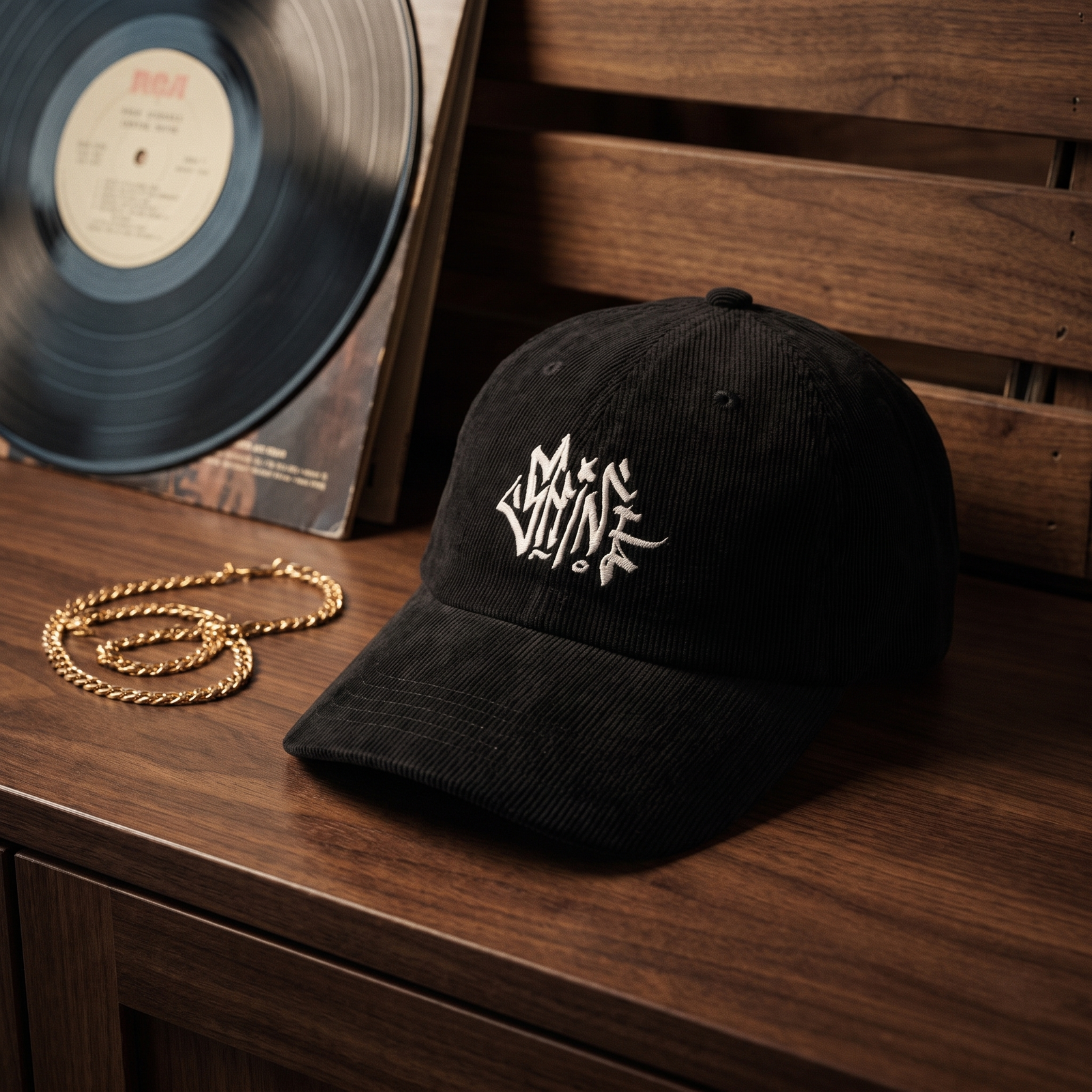 Casquette en velours côtelé noire CHT'M Boutique avec broderie tag graffiti Shine - mise en scène vinyle et chaîne en or bois noyer foncé