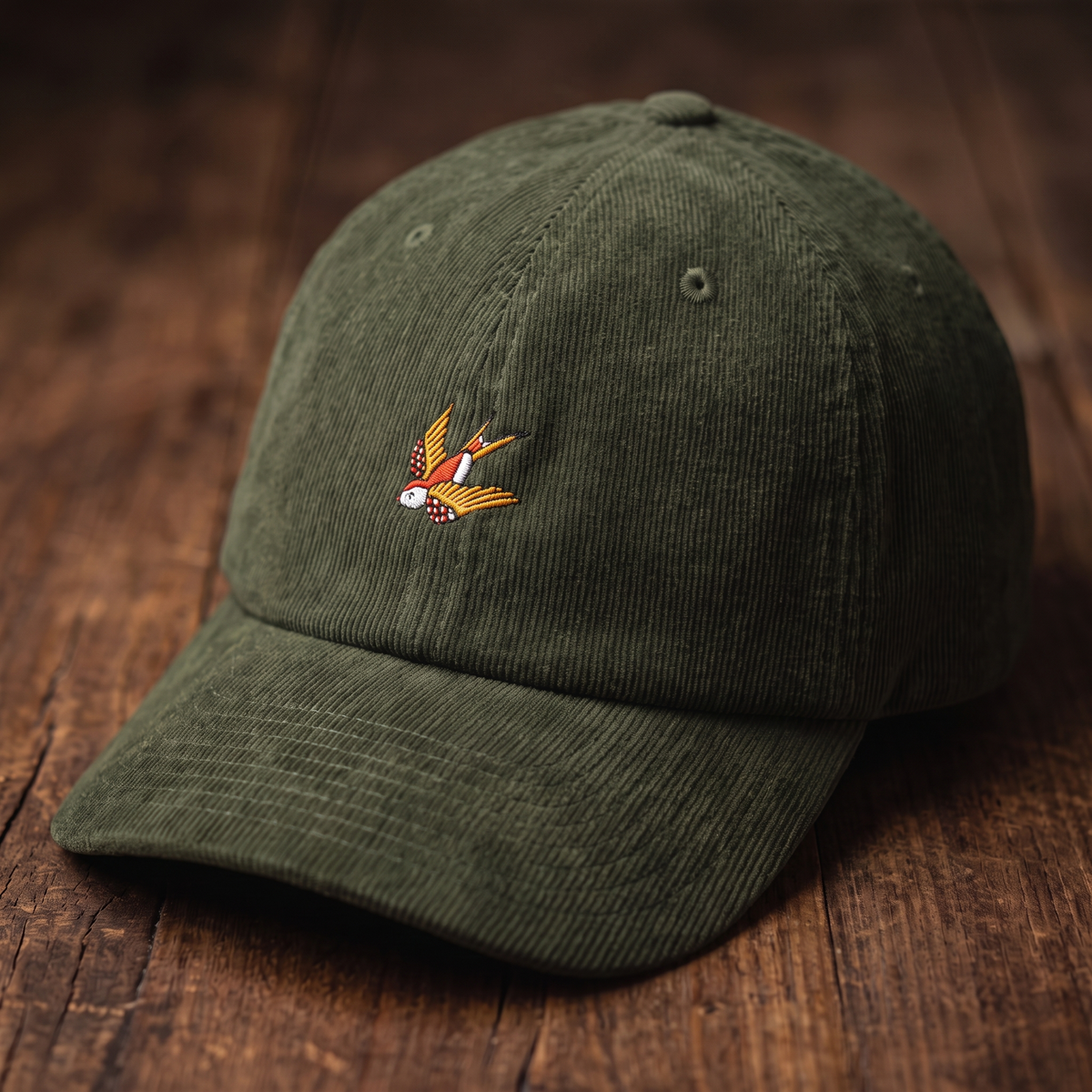 Casquette en velours côtelé CHT'M motif hirondelle tatouage, coloris Dark Olive, vue détail