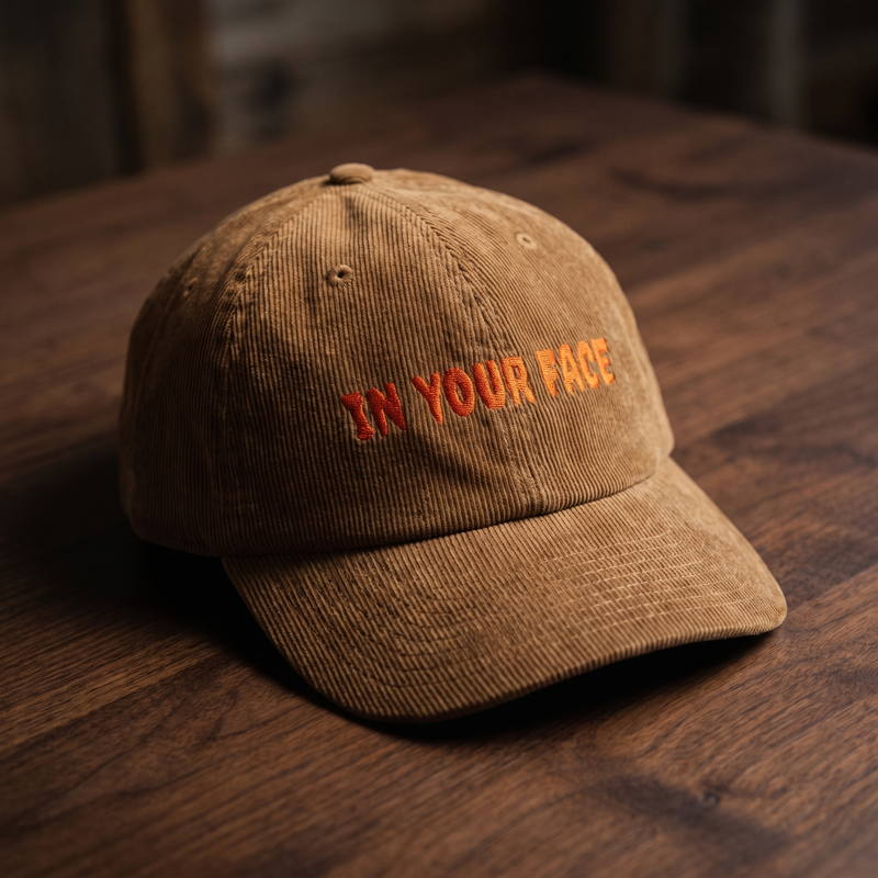 Casquette en velours côtelé camel CHT'M Boutique avec broderie orange 'In Your Face' — casquette streetwear belge