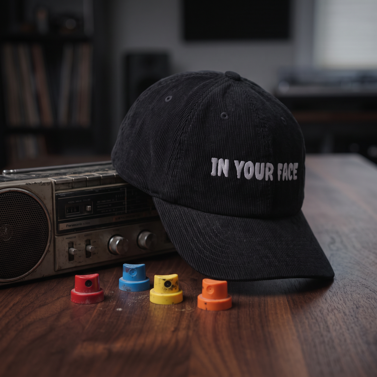 Casquette en velours côtelé noire CHT'M Boutique avec broderie grise 'In Your Face' — casquette streetwear belge, en situation