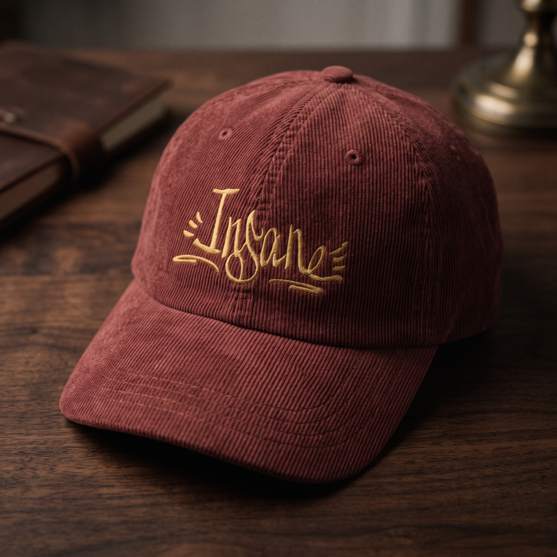 Casquette en velours côtelé bordeaux brodée Insane, CHT'M Boutique, vue légèrement de trois-quarts sur bois de noyer foncé
