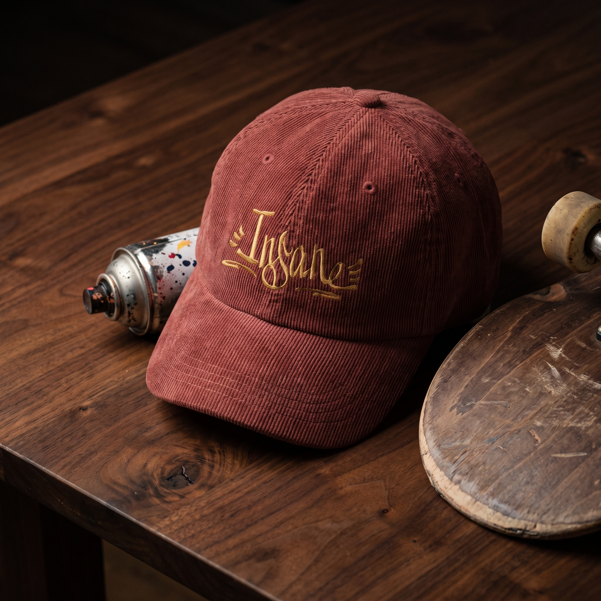 Casquette en velours côtelé bordeaux brodée Insane, CHT'M Boutique, mise en scène bombe de peinture et skateboard sur bois de noyer foncé