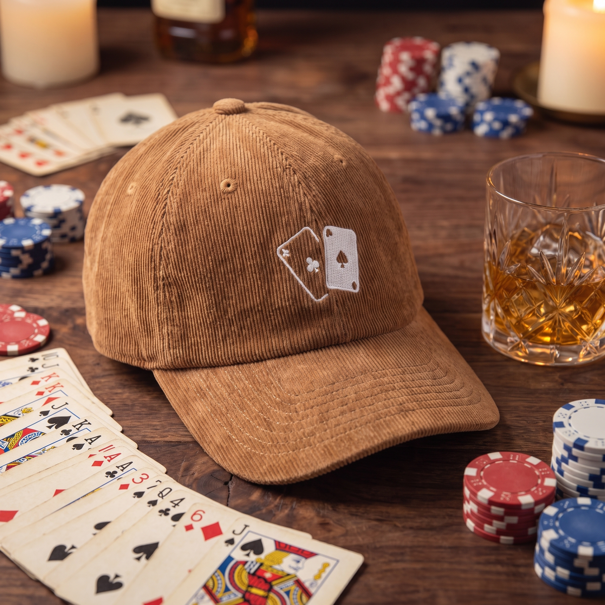 Casquette en velours côtelé CHT'M Boutique - broderie jeu de cartes casino - coloris brun - vue d'ambiance casino
