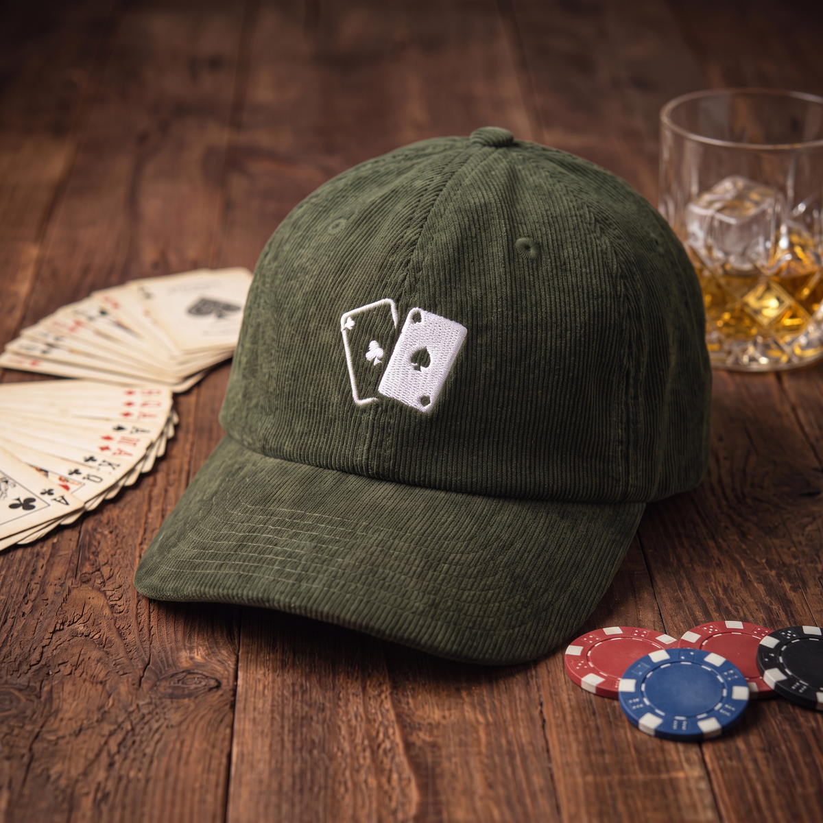Casquette en velours côtelé CHT'M Boutique - broderie jeu de cartes casino - coloris kaki vert olive foncé - vue d'ambiance casino