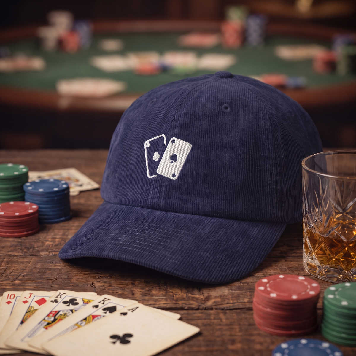 Casquette en velours côtelé motif jeu de cartes, coloris bleu marine oxford, mise en scène ambiance casino et poker