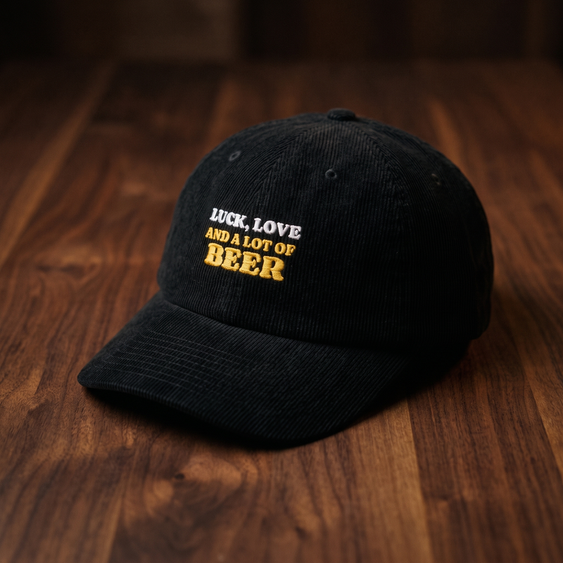 Casquette en velours côtelé noir avec broderie « Luck, Love and a lot of Beer », vue de face légèrement décalée sur fond bois foncé