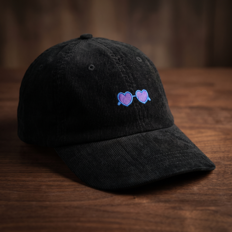 Casquette en velours côtelé noir avec broderie lunettes de soleil en forme de cœur, vue de trois-quarts prononcée sur fond bois foncé