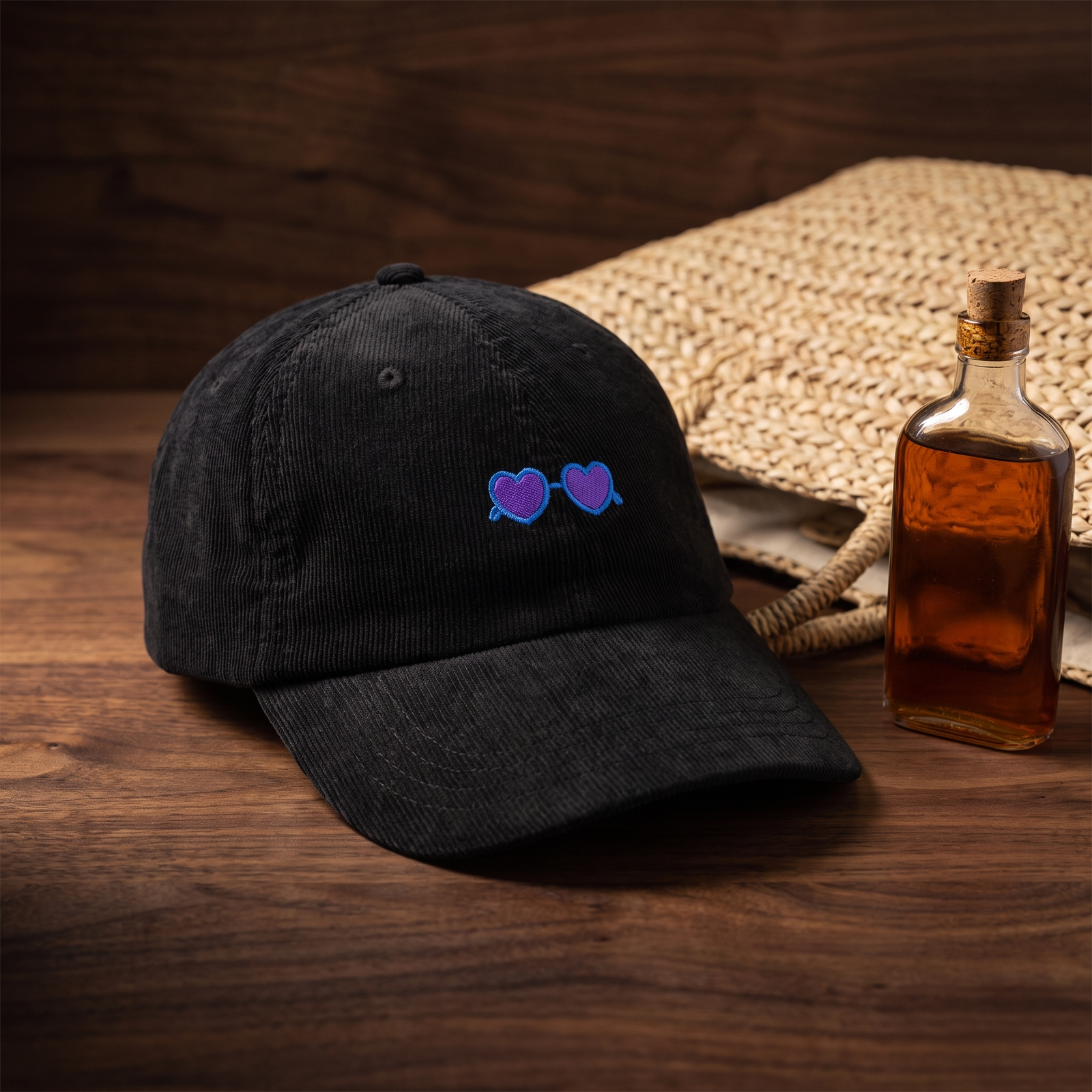 Casquette en velours côtelé noir avec broderie lunettes de soleil en forme de cœur, posée dans une mise en scène estivale avec sac de plage en paille et flacon vintage, sur bois de noyer foncé