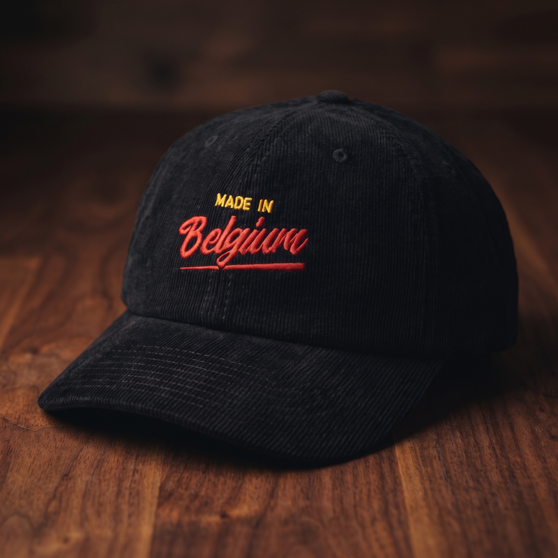 Casquette en velours côtelé noire avec broderie Made in Belgium with Love - vue trois-quarts